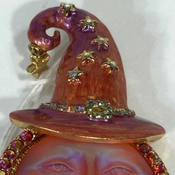 Kirk's Folly orange-ish iridescent moon face brooch/pin/pendant with hat. - Picture 3 of 9